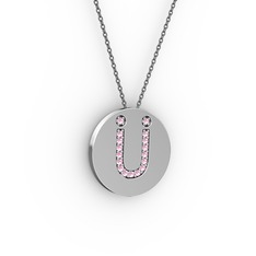 Ü Baş Harf Kolye - Pembe kuvars 8 ayar beyaz altın kolye (40 cm gümüş rolo zincir) #uijwpc