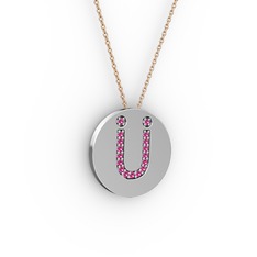 Ü Baş Harf Kolye - Rodolit garnet 18 ayar beyaz altın kolye (40 cm rose altın rolo zincir) #ydllca
