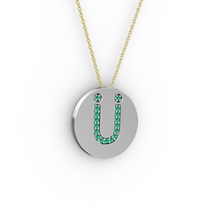 Ü Baş Harf Kolye - Yeşil kuvars 14 ayar beyaz altın kolye (40 cm gümüş rolo zincir) #ztuil2