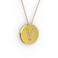 V Baş Harf kolye - Pembe kuvars 14 ayar altın kolye (40 cm rose altın rolo zincir) #105cpjs