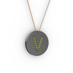 V Baş Harf kolye - Peridot 925 ayar siyah rodyum kaplama gümüş kolye (40 cm rose altın rolo zincir) #106r814