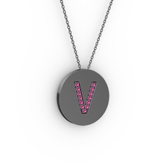 V Baş Harf kolye - Rodolit garnet 925 ayar siyah rodyum kaplama gümüş kolye (40 cm gümüş rolo zincir) #11tlcph