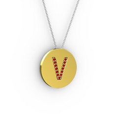 V Baş Harf kolye - Garnet 8 ayar altın kolye (40 cm gümüş rolo zincir) #132060g
