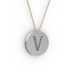 V Baş Harf kolye - Dumanlı kuvars 8 ayar beyaz altın kolye (40 cm gümüş rolo zincir) #13m5o14