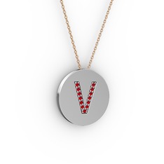 V Baş Harf kolye - Garnet 925 ayar gümüş kolye (40 cm rose altın rolo zincir) #188b2p1