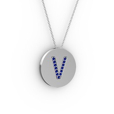 V Baş Harf kolye - Lab safir 925 ayar gümüş kolye (40 cm beyaz altın rolo zincir) #19ch59d