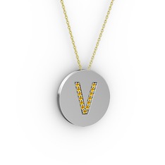 V Baş Harf kolye - Sitrin 18 ayar beyaz altın kolye (40 cm altın rolo zincir) #19ykokb