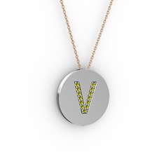 V Baş Harf kolye - Peridot 14 ayar beyaz altın kolye (40 cm gümüş rolo zincir) #1d6od5q