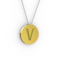 V Baş Harf kolye - Peridot 18 ayar altın kolye (40 cm beyaz altın rolo zincir) #1dseqel