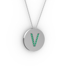 V Baş Harf kolye - Yeşil kuvars 18 ayar beyaz altın kolye (40 cm beyaz altın rolo zincir) #1eskca5