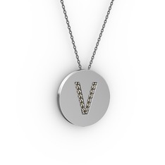 V Baş Harf kolye - Dumanlı kuvars 14 ayar beyaz altın kolye (40 cm gümüş rolo zincir) #1fltpwq