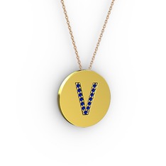 V Baş Harf kolye - Lab safir 14 ayar altın kolye (40 cm rose altın rolo zincir) #1ifymov