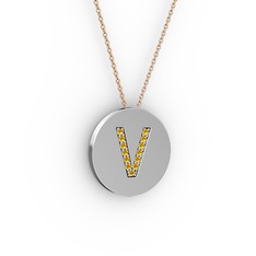 V Baş Harf kolye - Sitrin 18 ayar beyaz altın kolye (40 cm rose altın rolo zincir) #1lr2zb0
