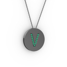 V Baş Harf kolye - Yeşil kuvars 925 ayar siyah rodyum kaplama gümüş kolye (40 cm gümüş rolo zincir) #1melpij