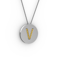 V Baş Harf kolye - Sitrin 14 ayar beyaz altın kolye (40 cm gümüş rolo zincir) #1mk0c4n