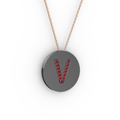 V Baş Harf kolye - Garnet 925 ayar siyah rodyum kaplama gümüş kolye (40 cm rose altın rolo zincir) #1naf757