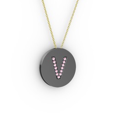 V Baş Harf kolye - Pembe kuvars 925 ayar siyah rodyum kaplama gümüş kolye (40 cm gümüş rolo zincir) #1nqfv0h