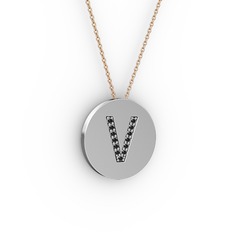 V Baş Harf kolye - Siyah zirkon 18 ayar beyaz altın kolye (40 cm gümüş rolo zincir) #1oyefli