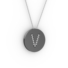 V Baş Harf kolye - Swarovski 925 ayar siyah rodyum kaplama gümüş kolye (40 cm gümüş rolo zincir) #1q78gw4