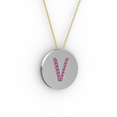 V Baş Harf kolye - Rodolit garnet 925 ayar gümüş kolye (40 cm altın rolo zincir) #1sa8g06