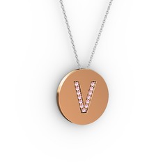 V Baş Harf kolye - Pembe kuvars 14 ayar rose altın kolye (40 cm beyaz altın rolo zincir) #1um79lw