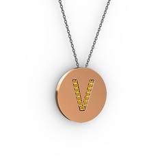 V Baş Harf kolye - Sitrin 8 ayar rose altın kolye (40 cm gümüş rolo zincir) #2dnpjw