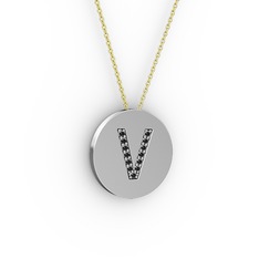 V Baş Harf kolye - Siyah zirkon 8 ayar beyaz altın kolye (40 cm gümüş rolo zincir) #5szo5d