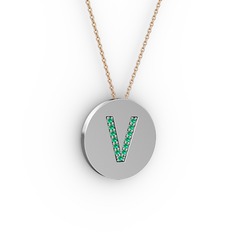 V Baş Harf kolye - Yeşil kuvars 925 ayar gümüş kolye (40 cm rose altın rolo zincir) #5znohk