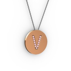 V Baş Harf kolye - Pembe kuvars 18 ayar rose altın kolye (40 cm gümüş rolo zincir) #86xs29
