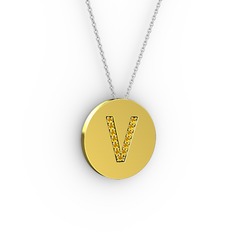 V Baş Harf kolye - Sitrin 925 ayar altın kaplama gümüş kolye (40 cm beyaz altın rolo zincir) #8k3vb6