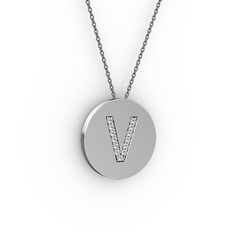 V Baş Harf kolye - Pırlanta 18 ayar beyaz altın kolye (0.1144 karat, 40 cm gümüş rolo zincir) #b79nst