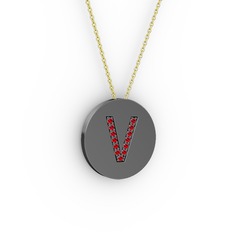 V Baş Harf kolye - Garnet 925 ayar siyah rodyum kaplama gümüş kolye (40 cm altın rolo zincir) #dwbppo