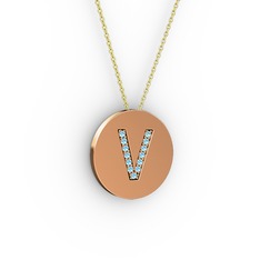 V Baş Harf kolye - Akuamarin 14 ayar rose altın kolye (40 cm gümüş rolo zincir) #e6gmp5