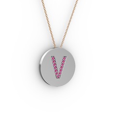 V Baş Harf kolye - Rodolit garnet 8 ayar beyaz altın kolye (40 cm rose altın rolo zincir) #iatiam