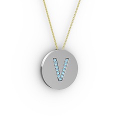 V Baş Harf kolye - Akuamarin 14 ayar beyaz altın kolye (40 cm gümüş rolo zincir) #j0e6u1