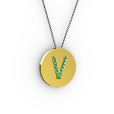 V Baş Harf kolye - Yeşil kuvars 8 ayar altın kolye (40 cm gümüş rolo zincir) #khos90