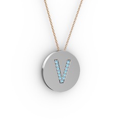 V Baş Harf kolye - Akuamarin 925 ayar gümüş kolye (40 cm rose altın rolo zincir) #mi92c6