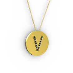 V Baş Harf kolye - Siyah zirkon 18 ayar altın kolye (40 cm altın rolo zincir) #p27kct