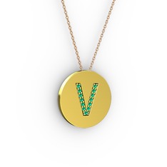 V Baş Harf kolye - Yeşil kuvars 925 ayar altın kaplama gümüş kolye (40 cm rose altın rolo zincir) #v69yew