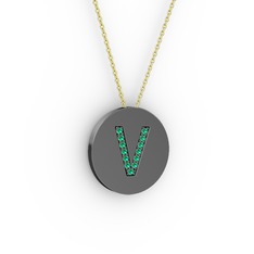 V Baş Harf kolye - Yeşil kuvars 925 ayar siyah rodyum kaplama gümüş kolye (40 cm altın rolo zincir) #xe2odc