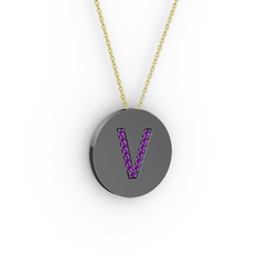 V Baş Harf kolye - Ametist 925 ayar siyah rodyum kaplama gümüş kolye (40 cm altın rolo zincir) #xtgiyl