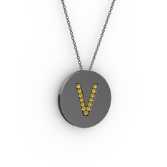 V Baş Harf kolye - Sitrin 925 ayar siyah rodyum kaplama gümüş kolye (40 cm gümüş rolo zincir) #xuxegd