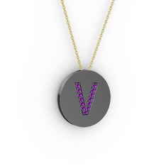 V Baş Harf kolye - Ametist 925 ayar siyah rodyum kaplama gümüş kolye (40 cm altın rolo zincir) #z46xus