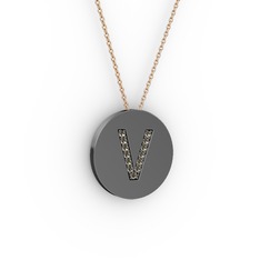 V Baş Harf kolye - Dumanlı kuvars 925 ayar siyah rodyum kaplama gümüş kolye (40 cm rose altın rolo zincir) #zow5i7