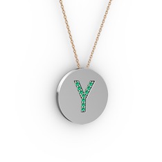 Y Baş Harf kolye - Yeşil kuvars 18 ayar beyaz altın kolye (40 cm rose altın rolo zincir) #1053aqm