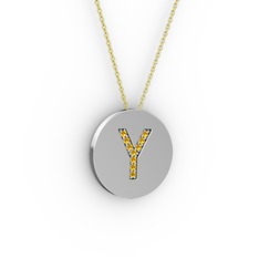 Y Baş Harf kolye - Sitrin 8 ayar beyaz altın kolye (40 cm altın rolo zincir) #18rkcy