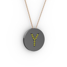 Y Baş Harf kolye - Peridot 925 ayar siyah rodyum kaplama gümüş kolye (40 cm rose altın rolo zincir) #1i5cmdq