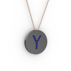 Y Baş Harf kolye - Lab safir 925 ayar siyah rodyum kaplama gümüş kolye (40 cm rose altın rolo zincir) #1l57h8s