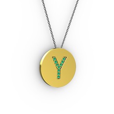 Y Baş Harf kolye - Yeşil kuvars 14 ayar altın kolye (40 cm gümüş rolo zincir) #1nvrywy
