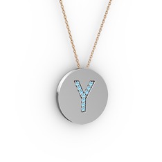Y Baş Harf kolye - Akuamarin 14 ayar beyaz altın kolye (40 cm gümüş rolo zincir) #1vbbysj